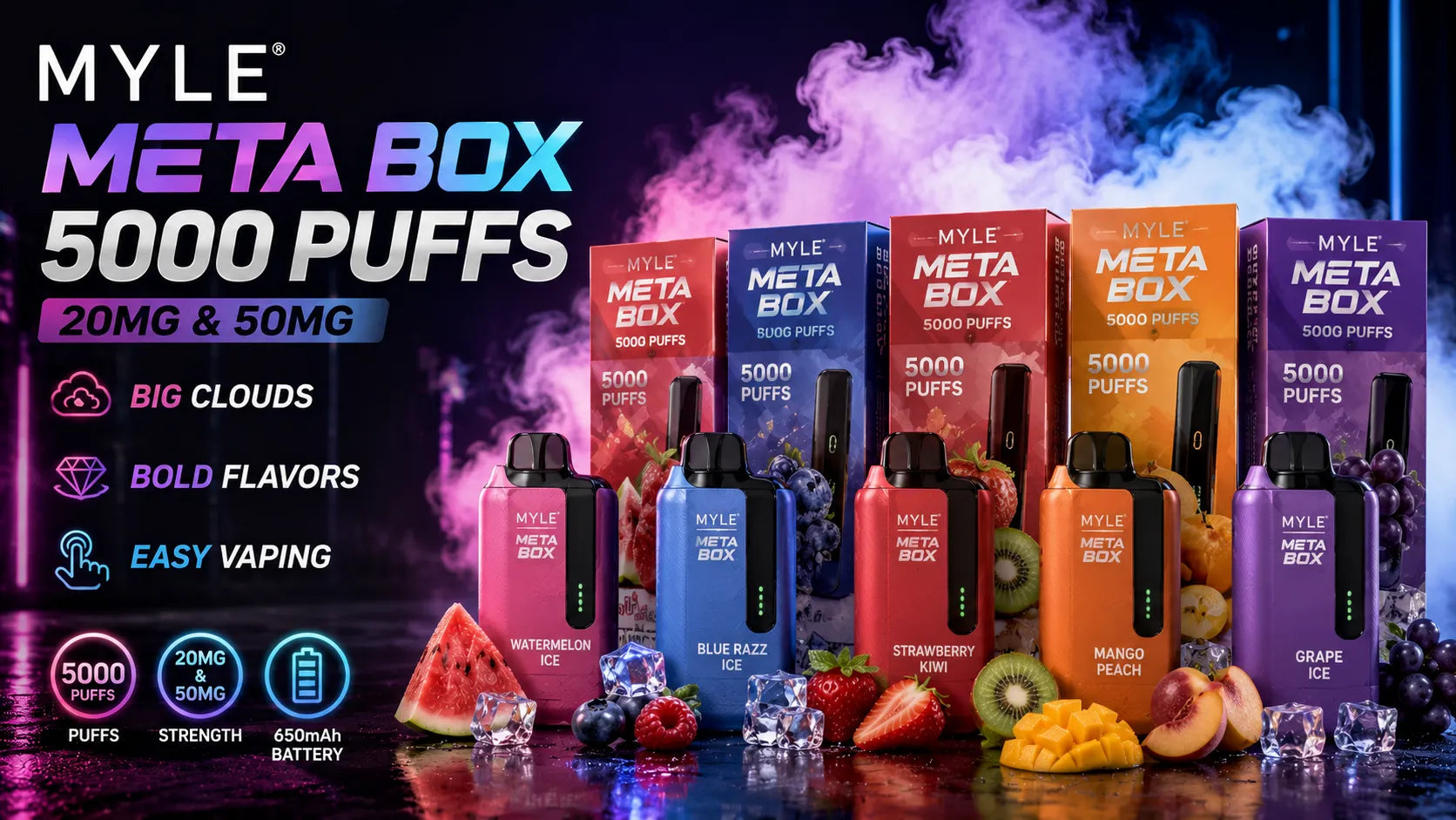 MYLE META BOX 5000 PUFFS (20MG & 50MG) – BIG CLOUDS, BOLD FLAVORS, EASY VAPING: